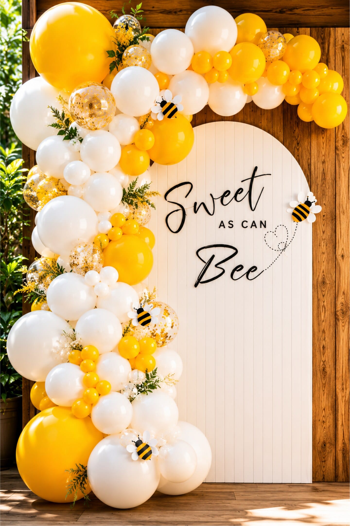 A soft yellow and white balloon arch with bumble bee accents around a baby shower welcome sign.
