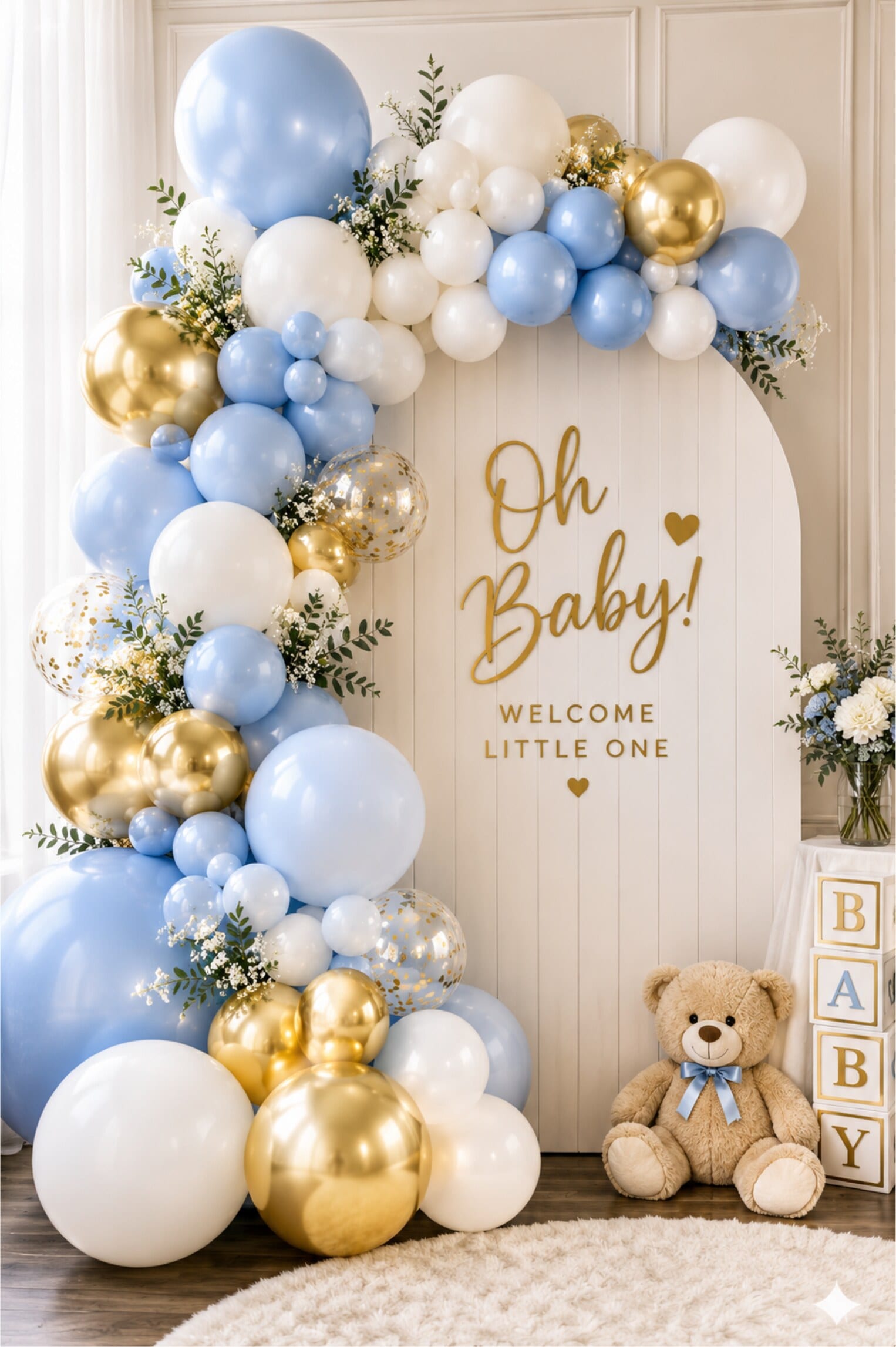 A blue, gold, and white balloon arch around an Oh Baby welcome sign with a teddy bear.