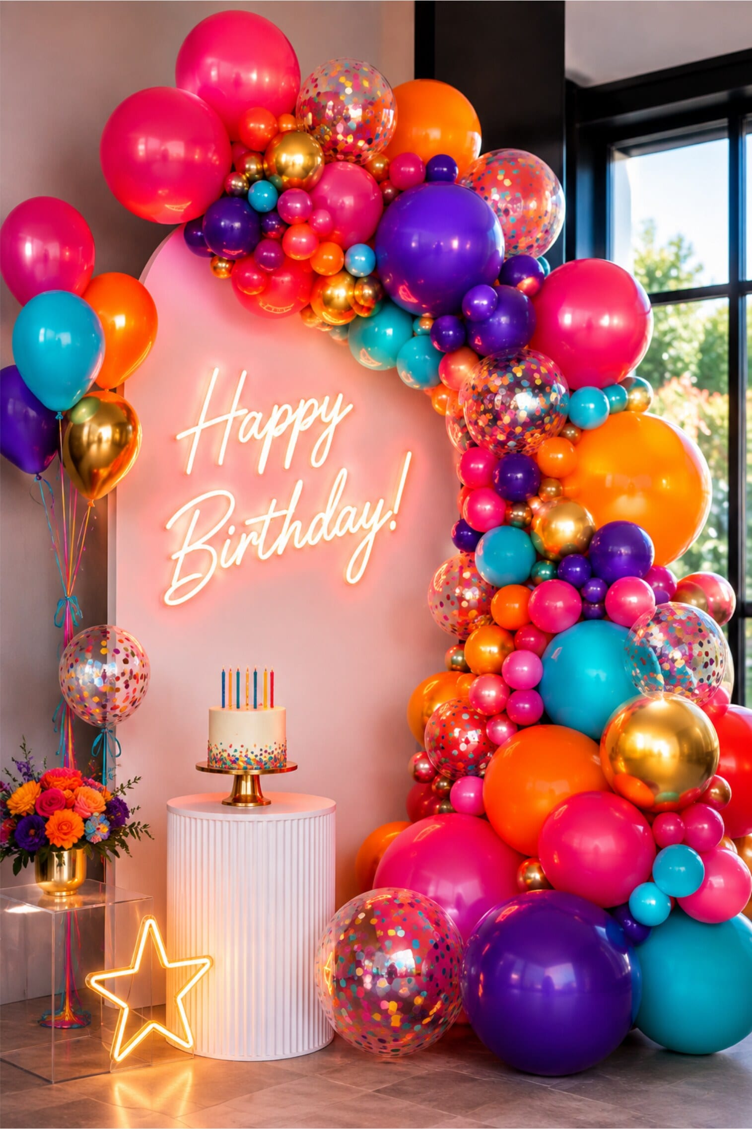 A colorful birthday balloon arch with a neon sign and cake display.