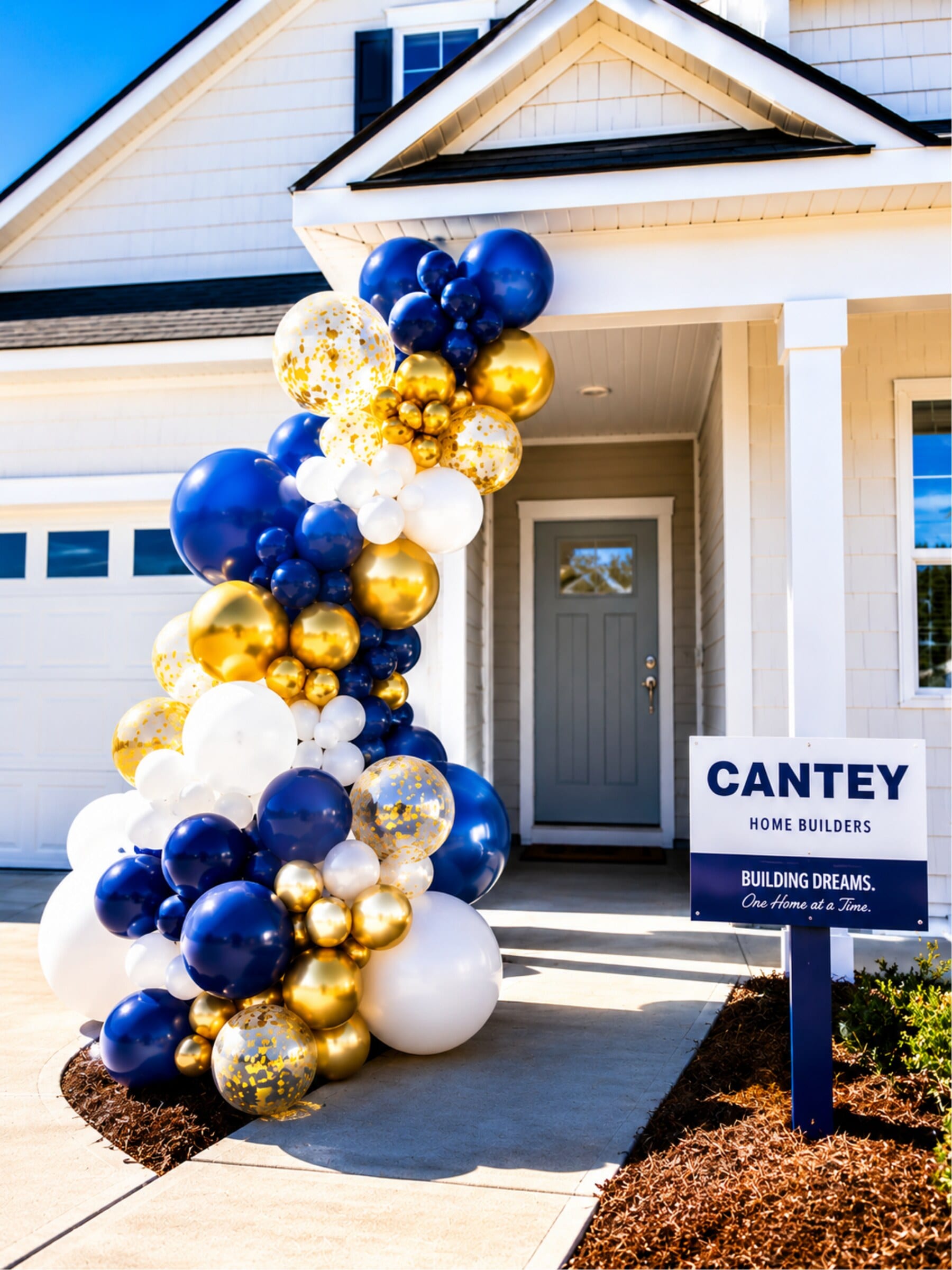 A navy, gold, and white balloon garland on a house exterior beside a builder's sign.