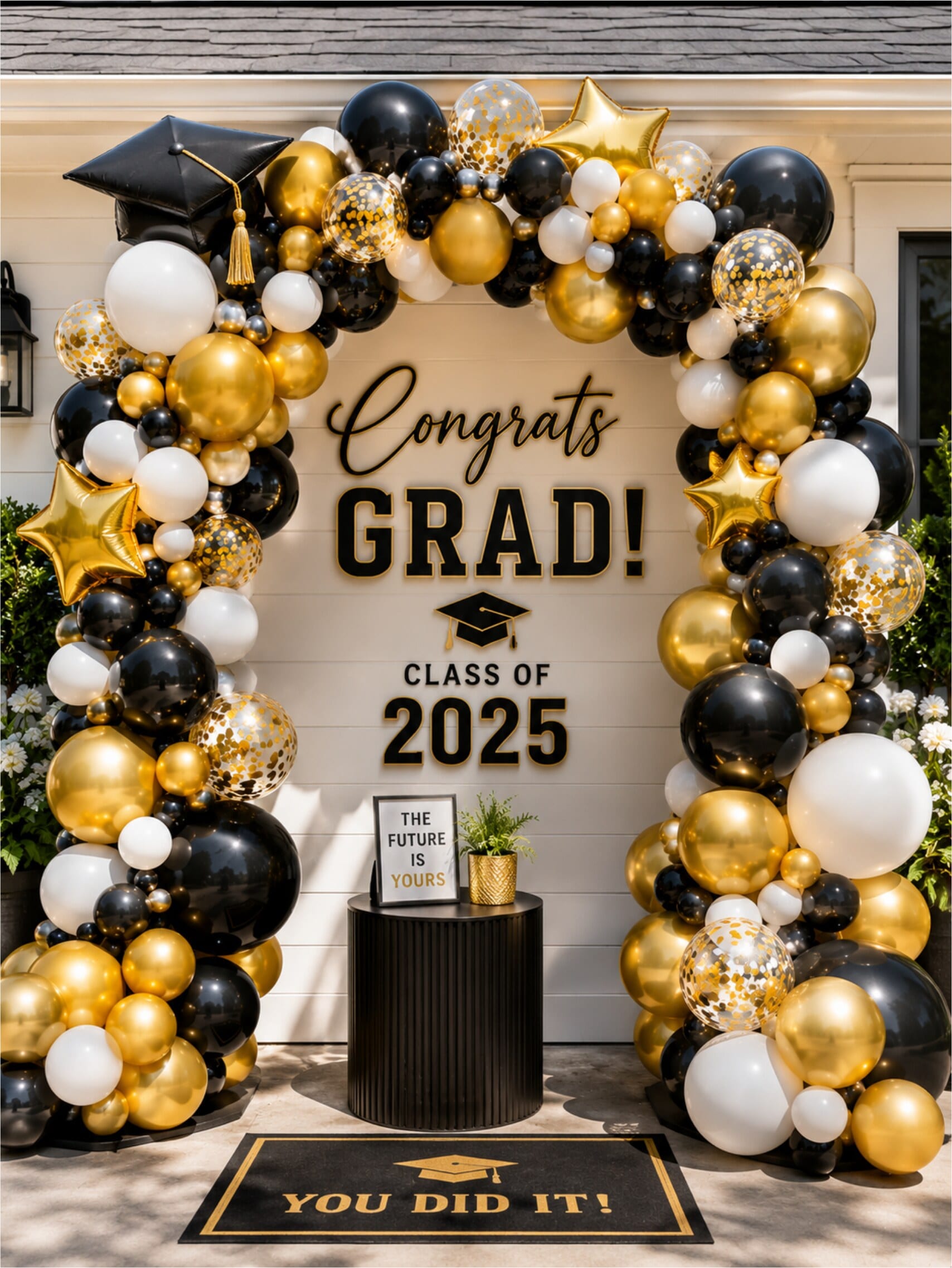A black and gold graduation balloon arch around a Congrats Grad Class of 2025 sign.