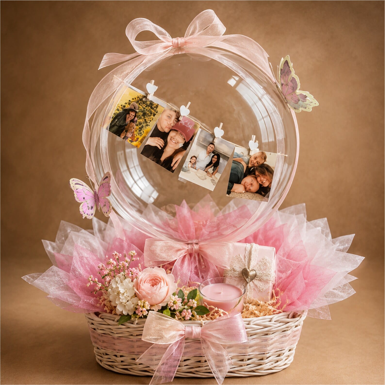 A pink gift basket with a bubble balloon, flowers, and hanging photo keepsakes.